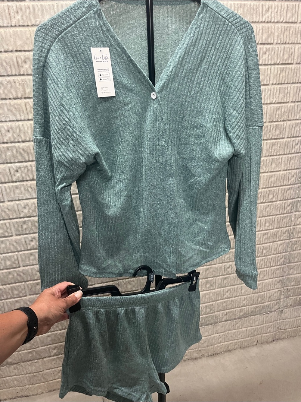 Cupshe Ribbed Sage Green Long-Sleeve Lounge Top & Shorts Set